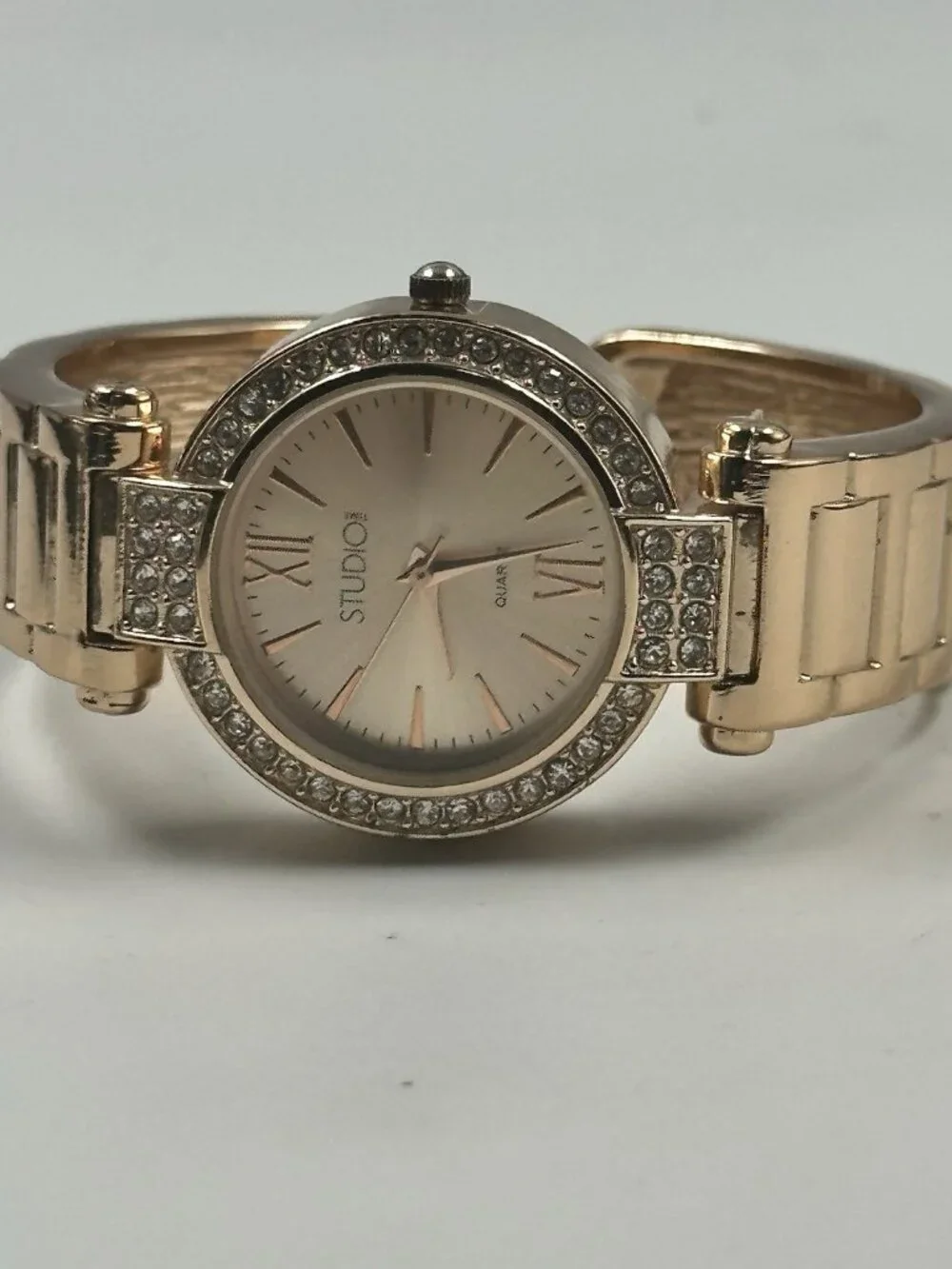 3/$30 Studio Time Watch Women Rose Gold Tone Rhinestone Bezel Cuff Band 6.25